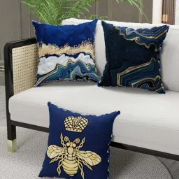 Bianca Suzane Navy & Golden Microfibre Cushion Cover - Set of 3 image 1