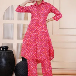 TRUVON FASHIONS Floral Printed A-Line Shirt Collar Pure Cotton Kurta With Pyjamas-picture-33