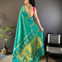 Elora Rama Green Silk Ajrakh Banarasi Saree With Unstitched Blouse image 4