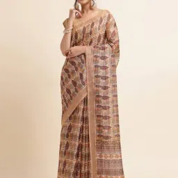 FABMORA Beige Floral Print Saree With Unstitched Blouse-image-27