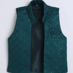 Fourfolds Kids Dark Green Embroidery Three Piece Suit Set image 3