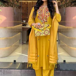 Anni Designer Ethnic Motifs Thread Work Round Neck Straight Kurta With Palazzos & Dupatta image 2