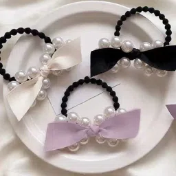 OOMPH Black White & Purple Satin Bow & Pearls Rubber Band - Combo of 3-image-96