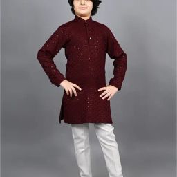 Ahhaaaa Kids Maroon & White Embellished Full Sleeves Kurta With Pyjamas-picture-22