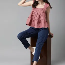 The Roadster Lifestyle Co Women Rose Solid Pure Cotton Seersucker Tiered A-Line Top image 5