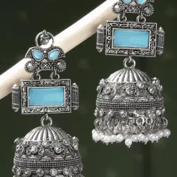 Oomph Jewellery Oxidized Silver Turquoise Blue Firoza Opal Moonstone Jhumki Earrings-image-35