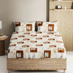 Bianca Palladium Brown Cotton Geometric 144 TC King Flat Bedsheet with 2 Pillow Covers-picture-23