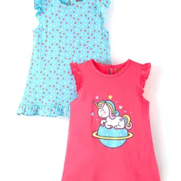 Babyhug Cotton Knit Half Sleeves Nighty Heart & Unicorn Print Pack of 2 - Pink & Blue-image-84