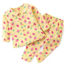 Babyhug Single Jersey Full Sleeves Night Suit Strawberry Print - Yellow-image-4