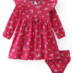 Babyhug Cotton Knit Full Sleeves Frock & Bloomer With Frill Detail & Floral Print - Maroon-picture-34