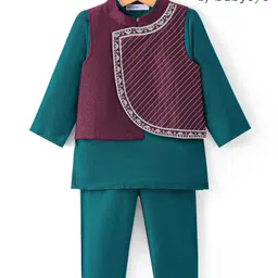 Babyoye Woven Full Sleeves Kurta & Pajama Set with Embroidered Jacket - Teal Blue-picture-19