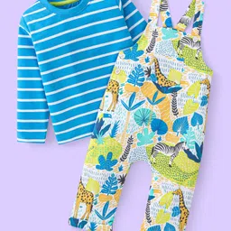 Babyhug Single Jersey Knit Full Sleeves Striped T-Shirt & Full Length Dungaree Set with Zebra Print -Blue & White-picture-28