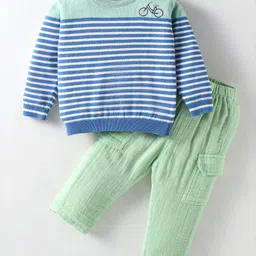ToffyHouse Cotton Knit Full Sleeves Winter Wear Striped T-Shirt & Lounge Pant Set With Bicycle Embroidery - Sea Green & Blue-picture-13