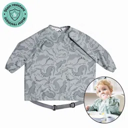 BiBaDo Stain & Water Proof Long Sleeve Coverall Shirt Weaning Bib Dino Roar Print- Grey - For Infants-picture-12