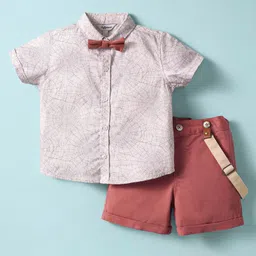 ToffyHouse Poplin Woven Half Sleeves Spider Web Printed Shirt & Shorts Set with Bow & Suspender - Rose Gold-picture-24