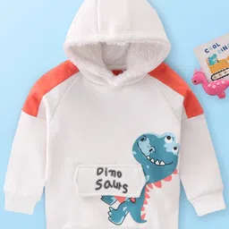 Mark & Mia Fleece Full Sleeves Hooded Raglan Sweatjacket with Dino Graphics & Flap Detailing - White-picture-18