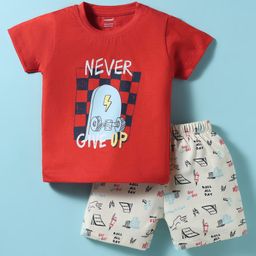 CUCUMBER Single Jersey Knit Half Sleeves Shorts Night Suit With Sports Theme Print - Red-picture-14