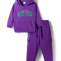 Babyhug Terry Knit Full Sleeves Hooded T-Shirt & Lounge Pant Set With Text Print - Purple-picture-24