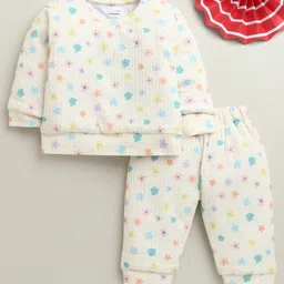 BUMZEE Knit Full Sleeves Floral Printed Coordinating Winter Top & Pant Set - Cream-picture-26