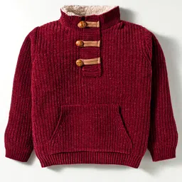 Yellow Apple Knit Full Sleeves Sweater With Kangaroo Pocket - Maroon-picture-11