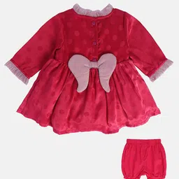 MINI KLUB Full Sleeves Polka Dots Foil Printed Wings Applique Detailed Dress With Bloomer - Red image 3