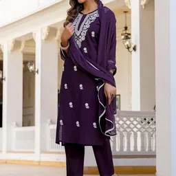 HERE&NOW Women Ethnic Motifs Embroidered Regular Thread Work Kurta with Trousers & With Dupatta image 4