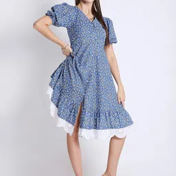 French Theory Women Floral Printed Cotton Puff Sleeves A-Line Dress image 4