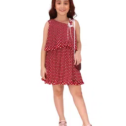 Cutecumber Georgette Sleeveless Polka Dots Printed Butterfly Applique Detailed Dress With Bag - Maroon image 5