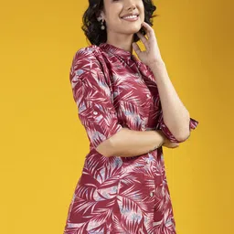 Jomso Tropical Printed Mandarin Collar Roll-Up Sleeves Cotton Shirt Style Top image 3