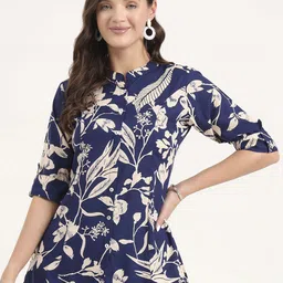 Divena Women Floral Print Mandarin Collar Roll-Up Sleeves Shirt Style Top-image-53