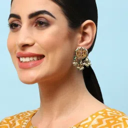 Biba Gold & Green Brass Drop Earrings for Women image 2