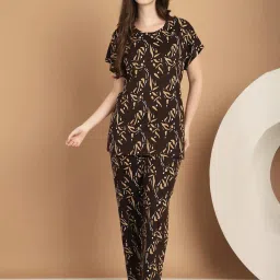 Kanvin Brown Cotton Printed Top Pyjamas Set image 1
