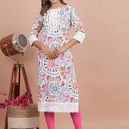 CRENOL THREADS Women Floral Printed Thread Work Kurta image 1