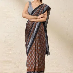 Taneira Brown & Black Cotton Printed Saree With Unstitched Blouse image 1