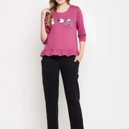 Clovia Purple Cotton Regular Fit Printed Top & Pyjama Set-image-85