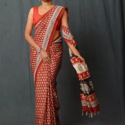Unnati Silks Red Silk Printed Saree With Unstitched Blouse image 1