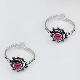 Teejh Ethnic Rishika Pink Stone Silver Oxidized Toe Rings for Women-image-49