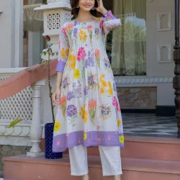 Autumnlane White Hemal Orchid Floral Comfort fit Kurta Pant set image 1