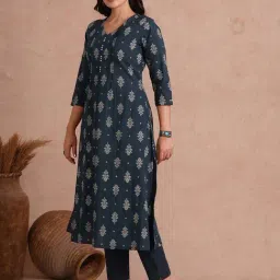 Kami Kubi Navy Blue Cotton Regular Fit Printed Kurta image 4