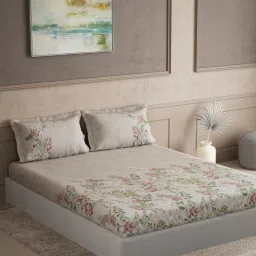 DDECOR Live beautiful Beige Cotton Floral 180 TC Double Flat Bedsheet with 2 Pillow Covers image 1