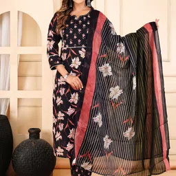 HERE&NOW Floral Printed Pure Cotton Kurta With Trousers & Dupatta-picture-23