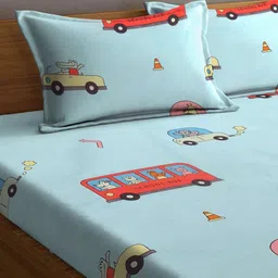 Aura Blue & Red Cartoon Characters Printed 300 TC King Fitted Bedsheet Set 2.50 m x 2.15 m image 3