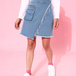 DOLCE CRUDO Women Blue Pure Cotton Frayed Hem Pocket Detail Denim Skirt-picture-27