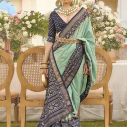 Elora Sea Green & Navy Woven Saree With Unstitched Blouse-image-57