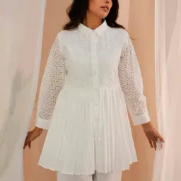 Libas White Cotton Embroidered A Line Short Kurti-image-31