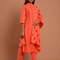 PAHAL ATTIRE Women Peach Printed Cotton Blend Kurta & Trousers With Dupatta image 2