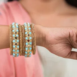 Mamon Creations Set Of 6 Gold-Plated & Turquoise Blue Alloy Bangles-picture-37