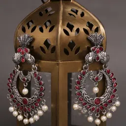 OOMPH Jewellery German Silver Oxidised with Maroon Stone & Pearls Large Ethnic Chand Bali-picture-38