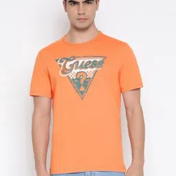 Guess Triangle Mid Organic Stream Apricot Buff Brand Logo Round Neck Regular Fit T-Shirt-picture-30