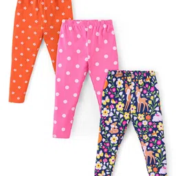 Babyhug Cotton Lycra Knit Full Length Leggings With Floral & Polka Dots Print Pack of 3 - Orange Pink & Navy Blue-picture-38